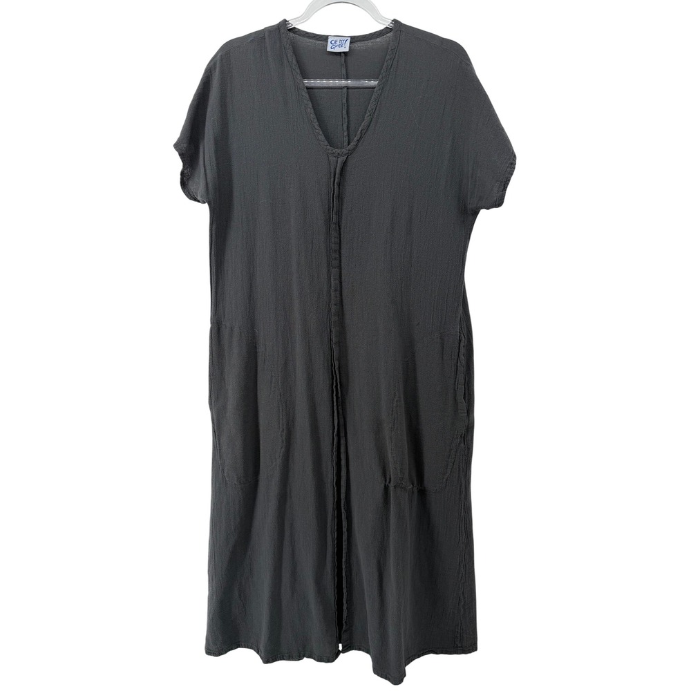 Oh My Gauze! Women Charcoal Gray Cotton V-Neck Midi Dress Pockets Size 1